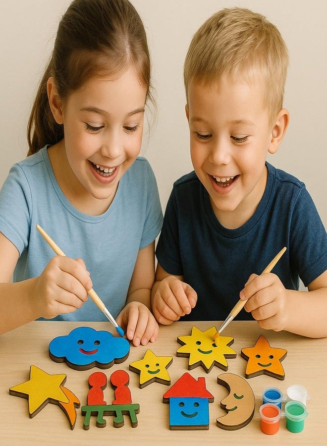 LET'S DIY Wooden Cutouts Painting Kit, 8 Pieces with 5 Paint Colours and Brush, Cloud Moon Star House Shapes for Kids Crafts Activity Kit | Screen-Free Learning & Fun for Children - Image 3